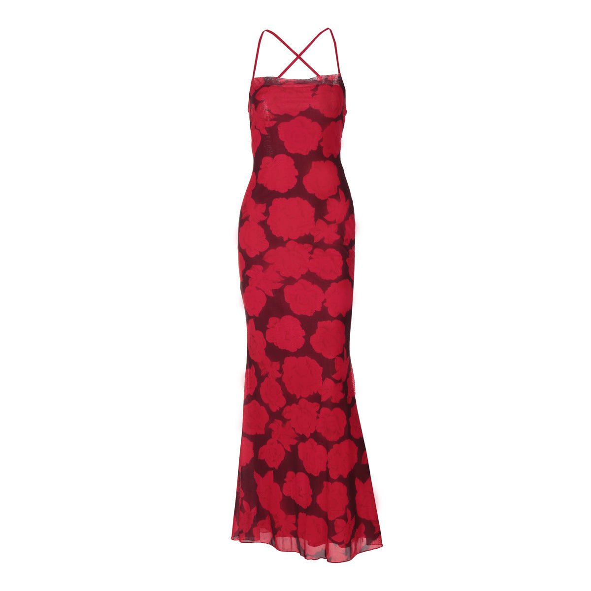 Square Neck Spaghetti Strap Floral Mesh Midi Dress 9