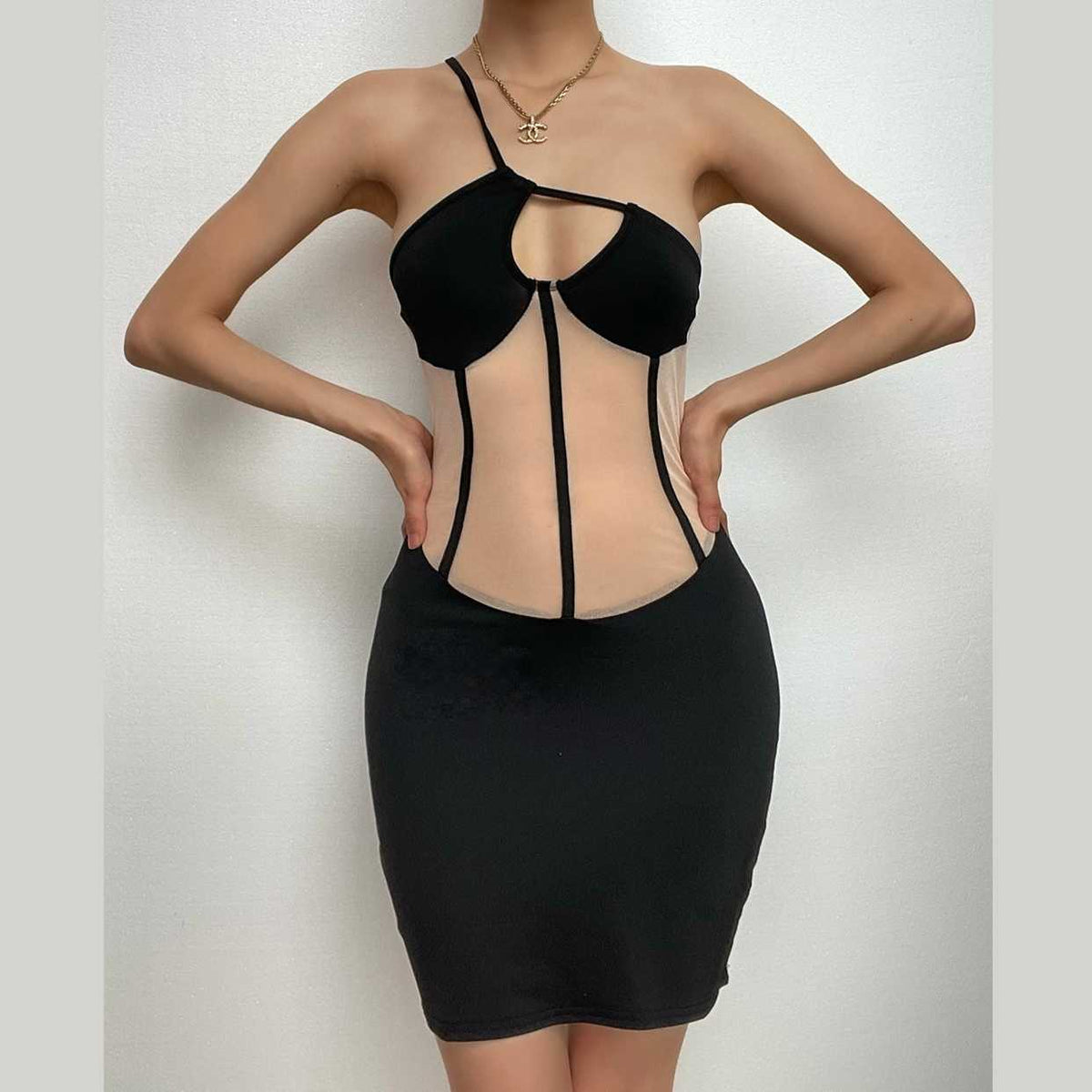 One-Shoulder Corset Mesh Panel Cutout Bodycon Mini Dress