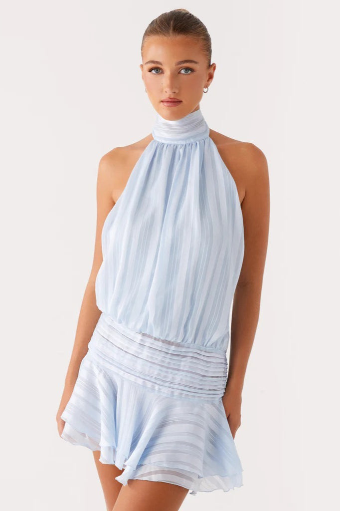 Jacquard Stripe Halter Neck Smocked Waist Tiered Ruffle Mini Dress 18