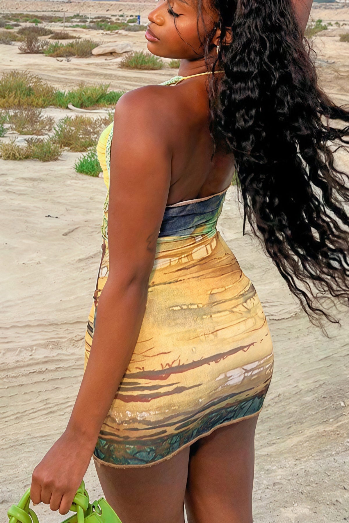 Crochet Halter Abstract Print Mesh Ruched Bodycon Mini Dress 3