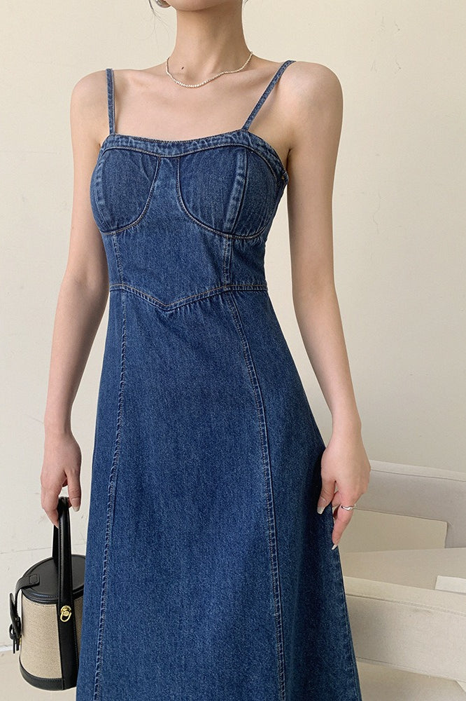Denim Bustier Spaghetti Strap Panel Seam A-Line Midi Dress 3