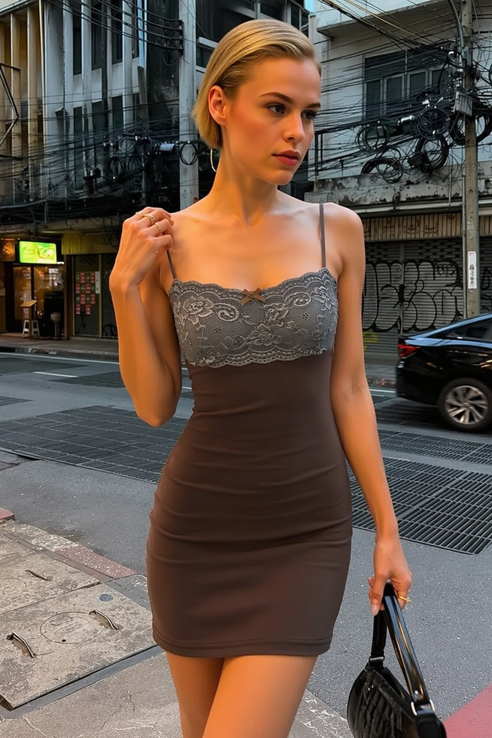 Lace Bustier Bow Front Spaghetti Strap Bodycon Mini Slip Dress 2