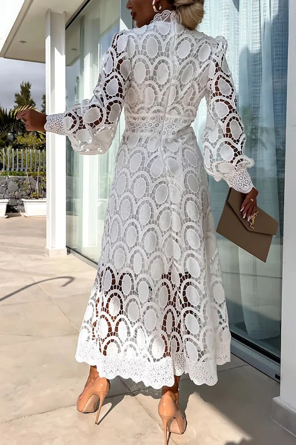 Guipure Lace Mock Neck Lantern Sleeve Scalloped Hem Hollow Out Midi Dress 17
