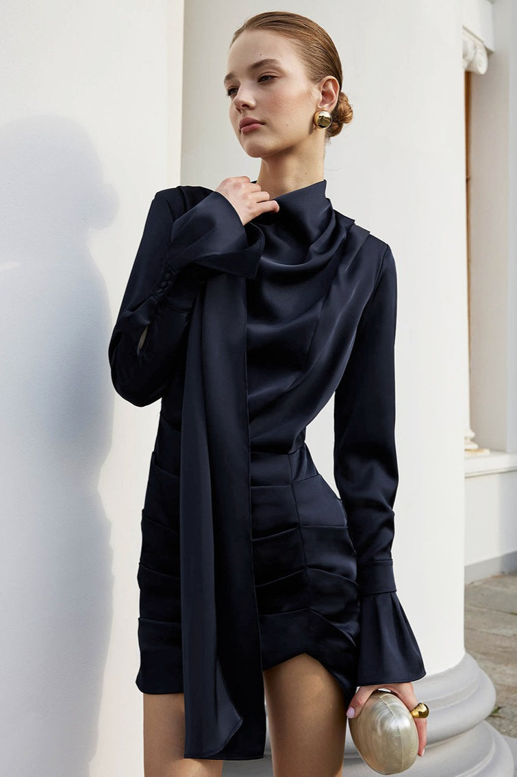 Mock Neck Draped Bodice One Bell Sleeve Scarf Detail Tiered Ruched Satin Mini Dress 2