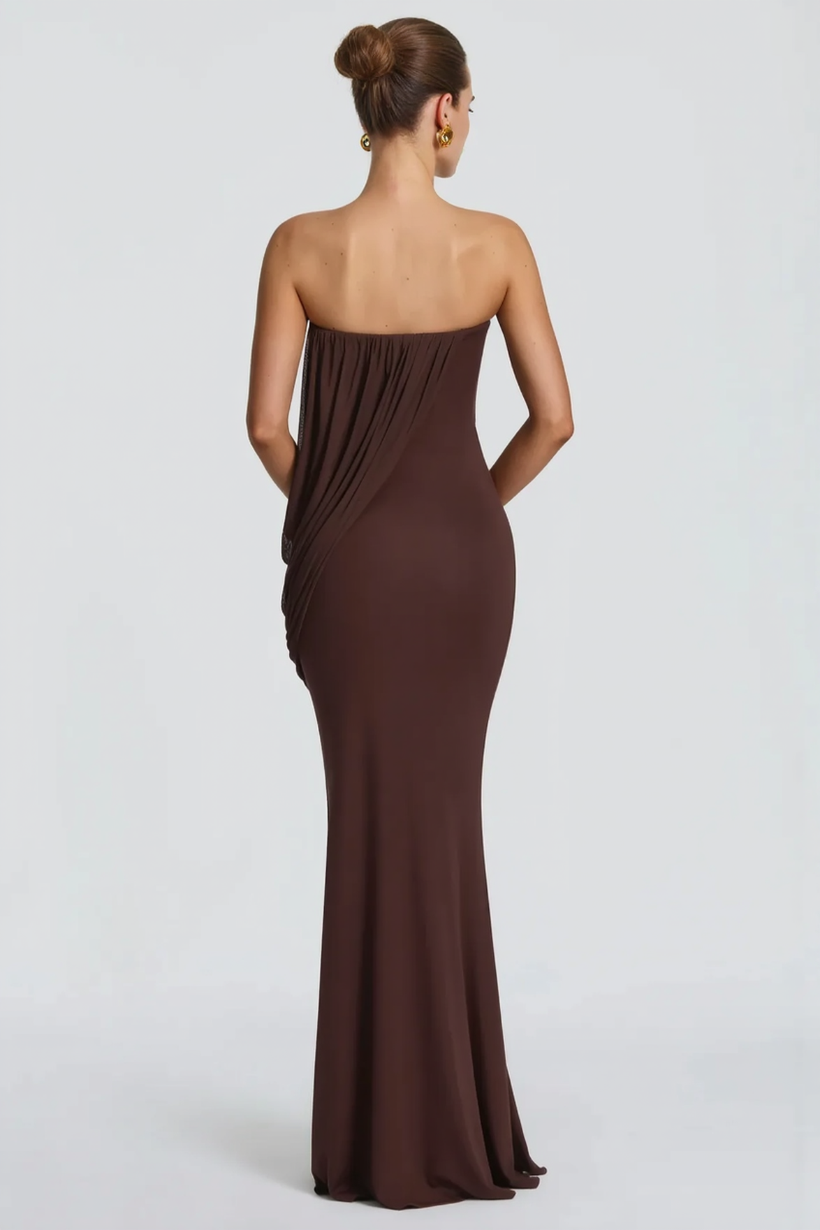 Strapless Diagonal Drape Panel Pleated Overlay Column Maxi Gown 7