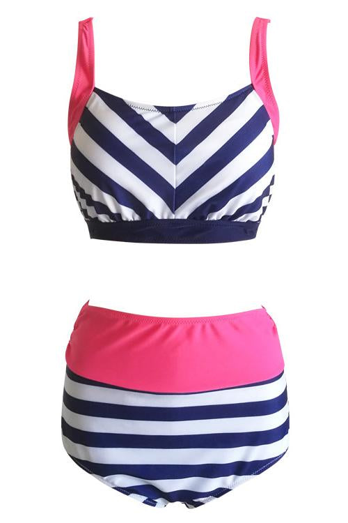 Blue Stripe Print High Waisted Retro Bikini Swimsuit