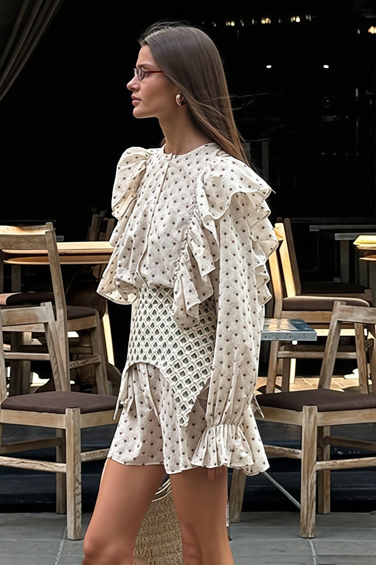 Diamond Print Ruffle Flare Sleeve Button Front Tiered Mini Dress 2