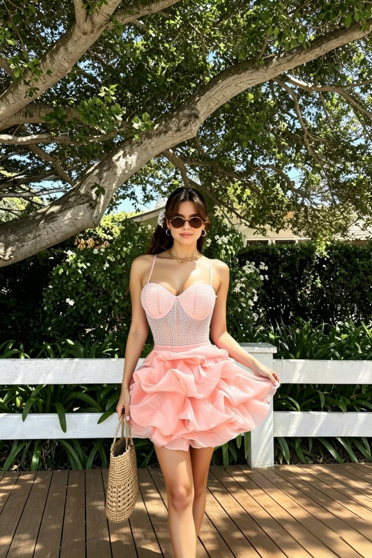 Rhinestone Corset Bustier Spaghetti Strap Tiered Ruffle Babydoll Mini Dress 2