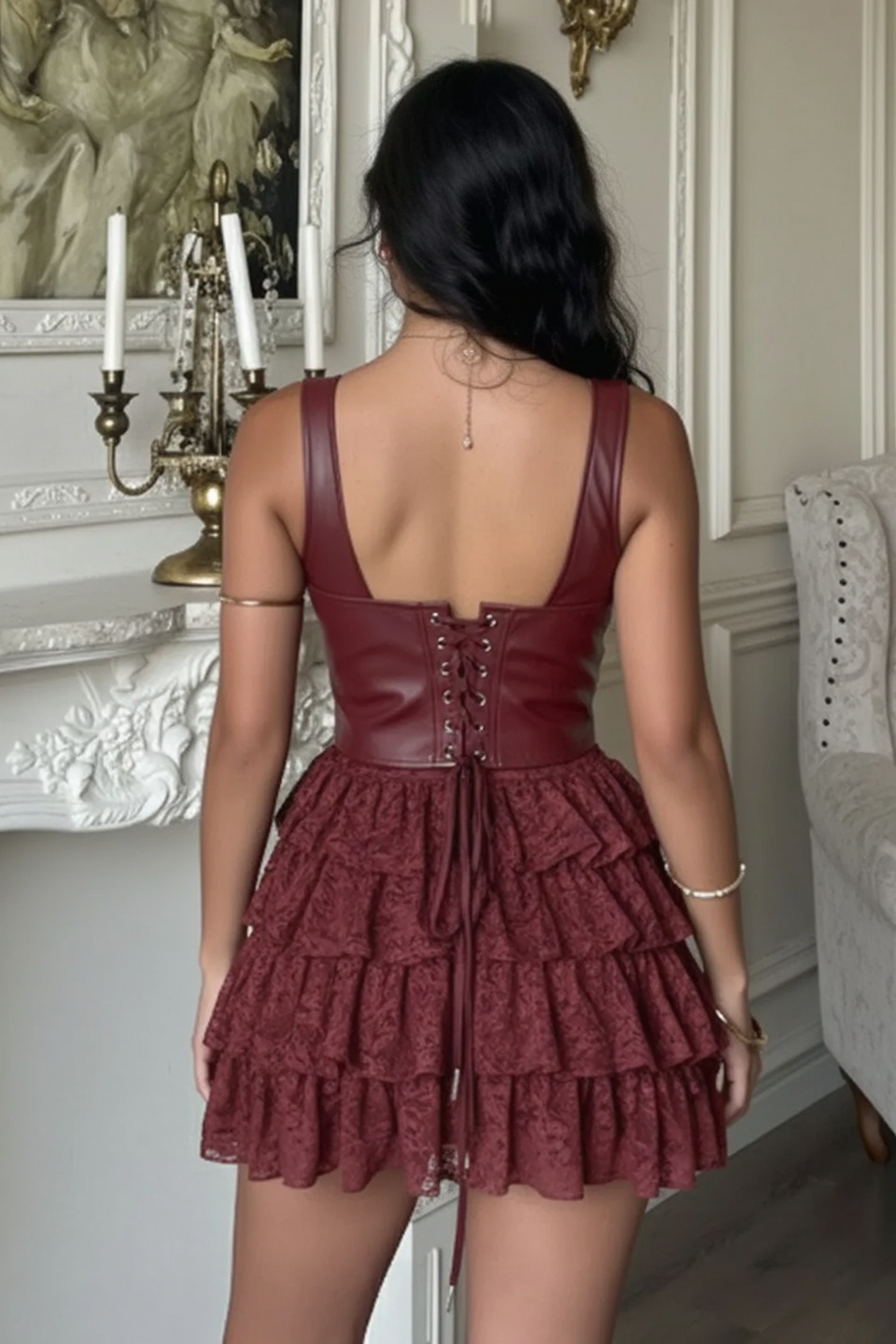 Lace Corset Hook Front Tiered Tulle Mini Dress 7