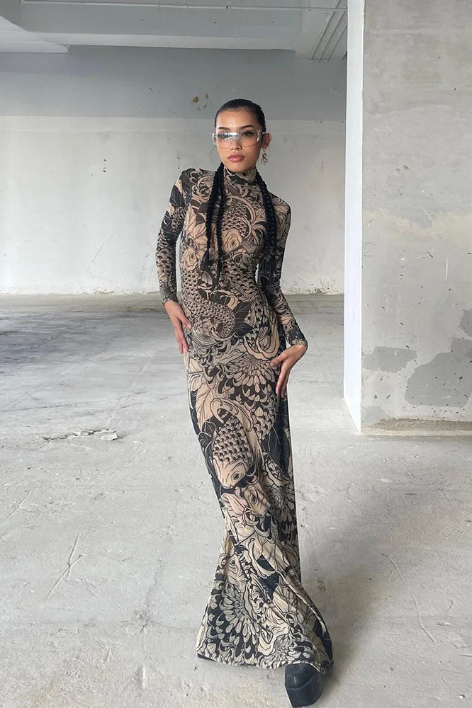 Mock Neck Long Sleeve Koi Fish Tattoo Print Mesh Bodycon Maxi Dress