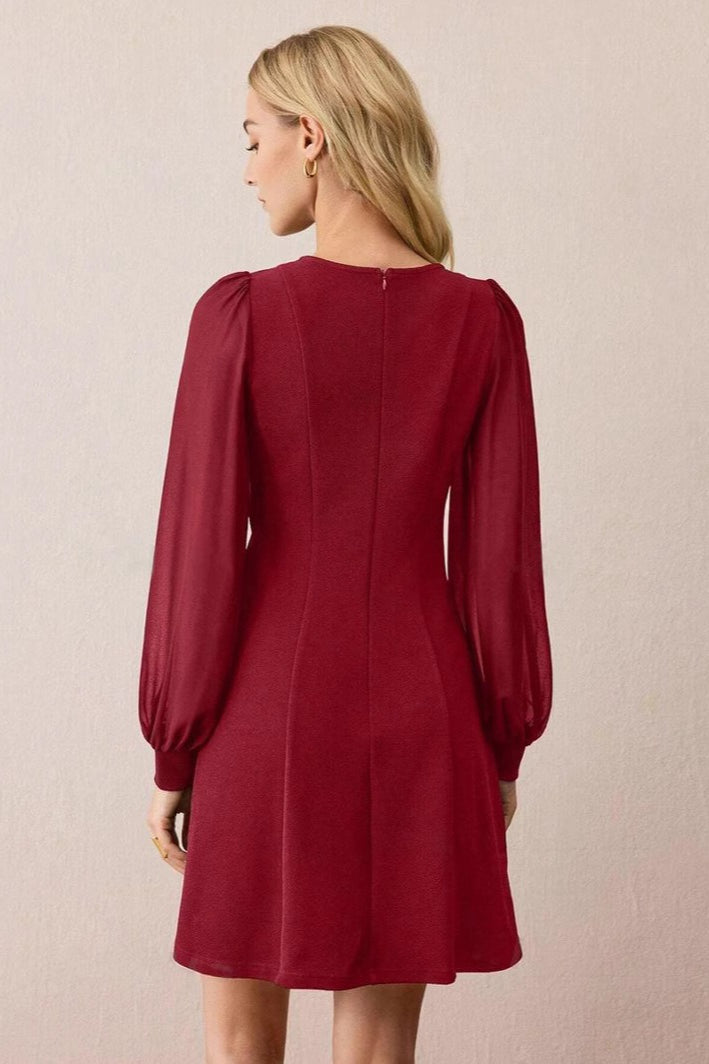 Crew Neck Sheer Puff Sleeve Asymmetric Button Detail A Line Mini Dress 5