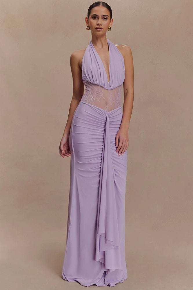 Halter Plunging V-Neck Lace Panel Ruched Drape Maxi Gown 4