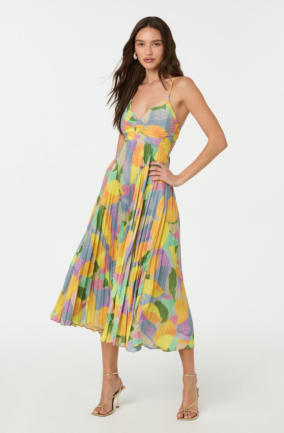 Spaghetti Strap V-Neck Ruched Bodice Abstract Print Accordion Pleated Maxi Dress