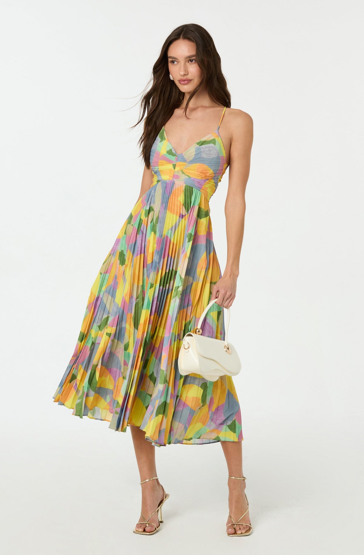 Spaghetti Strap V-Neck Ruched Bodice Abstract Print Accordion Pleated Maxi Dress 5