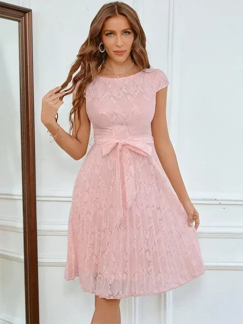 Lace Cap Sleeve Tie Waist Fit and Flare Knee Length Cocktail Dress 6