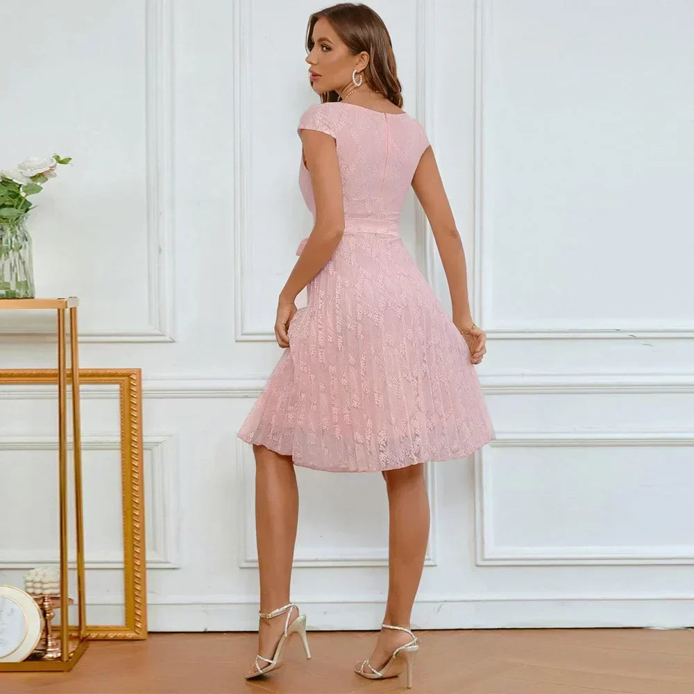 Lace Cap Sleeve Tie Waist Fit and Flare Knee Length Cocktail Dress