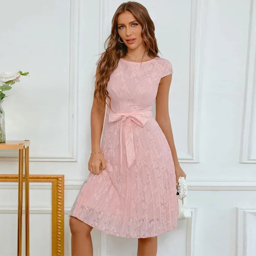 Lace Cap Sleeve Tie Waist Fit and Flare Knee Length Cocktail Dress 2