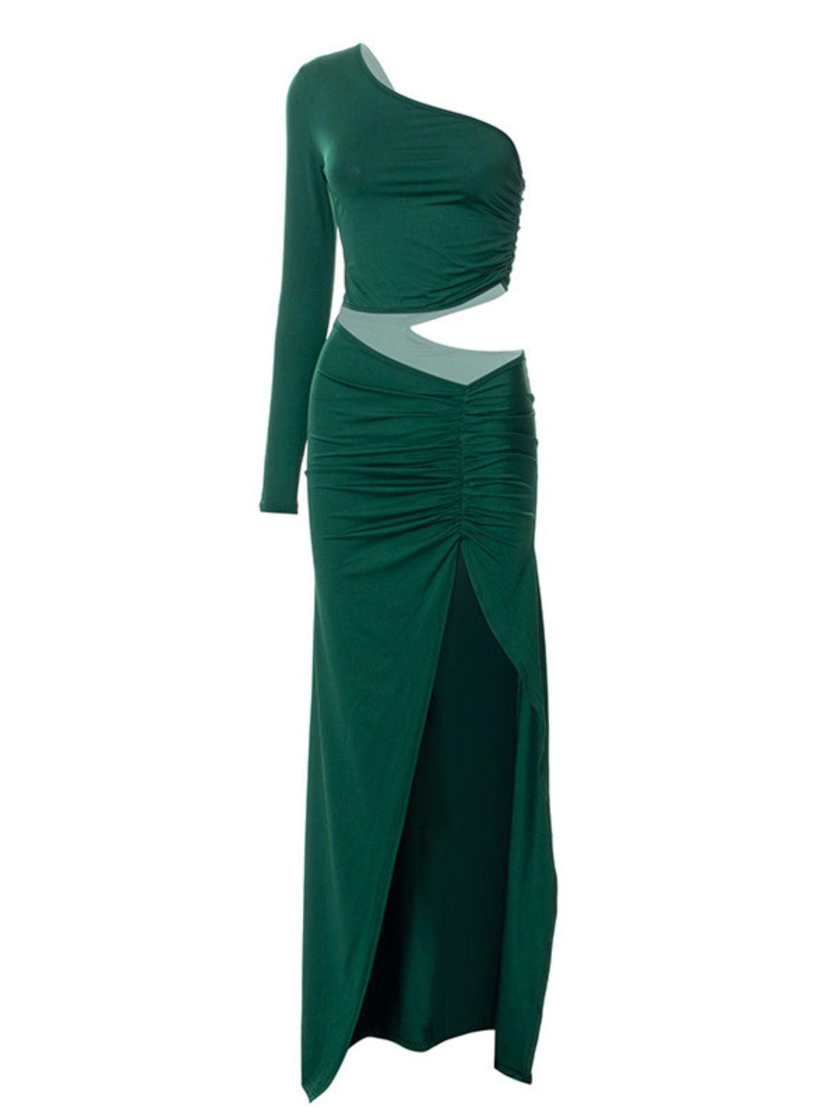 One Shoulder Long Sleeve Waist Cutout Ruched High Slit Maxi Dress 6