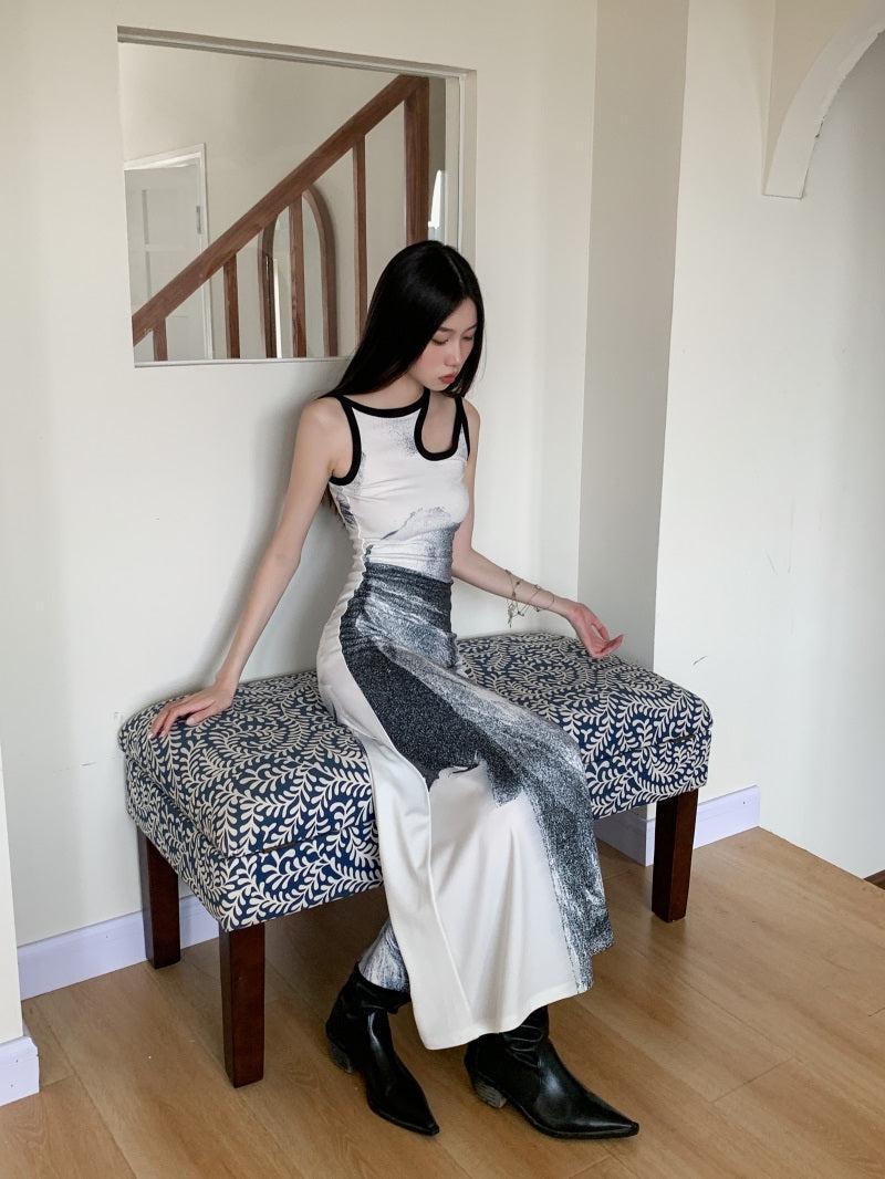 Abstract Graphic Print Sleeveless Cutout Detail Tank Maxi Dress 3