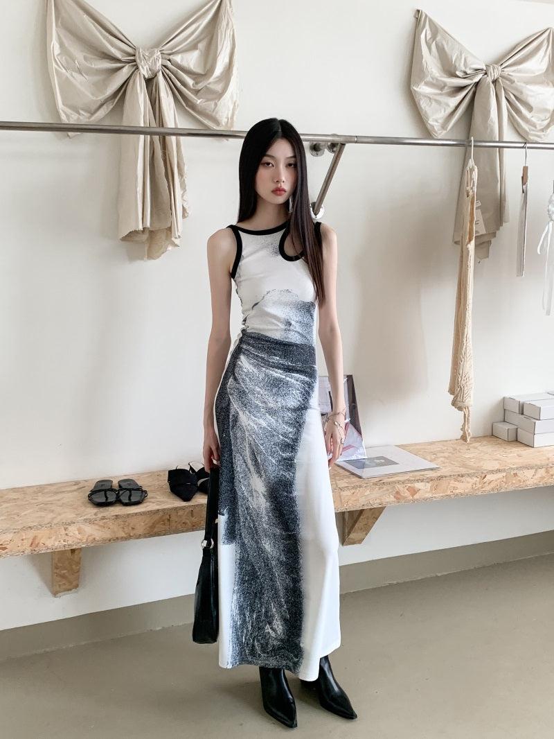 Abstract Graphic Print Sleeveless Cutout Detail Tank Maxi Dress 5