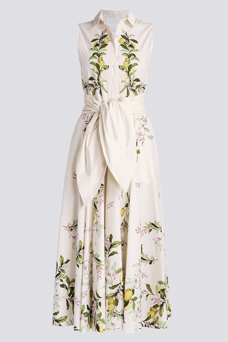 Lemon Floral Print Sleeveless Collared Tie Waist A-Line Midi Dress 4