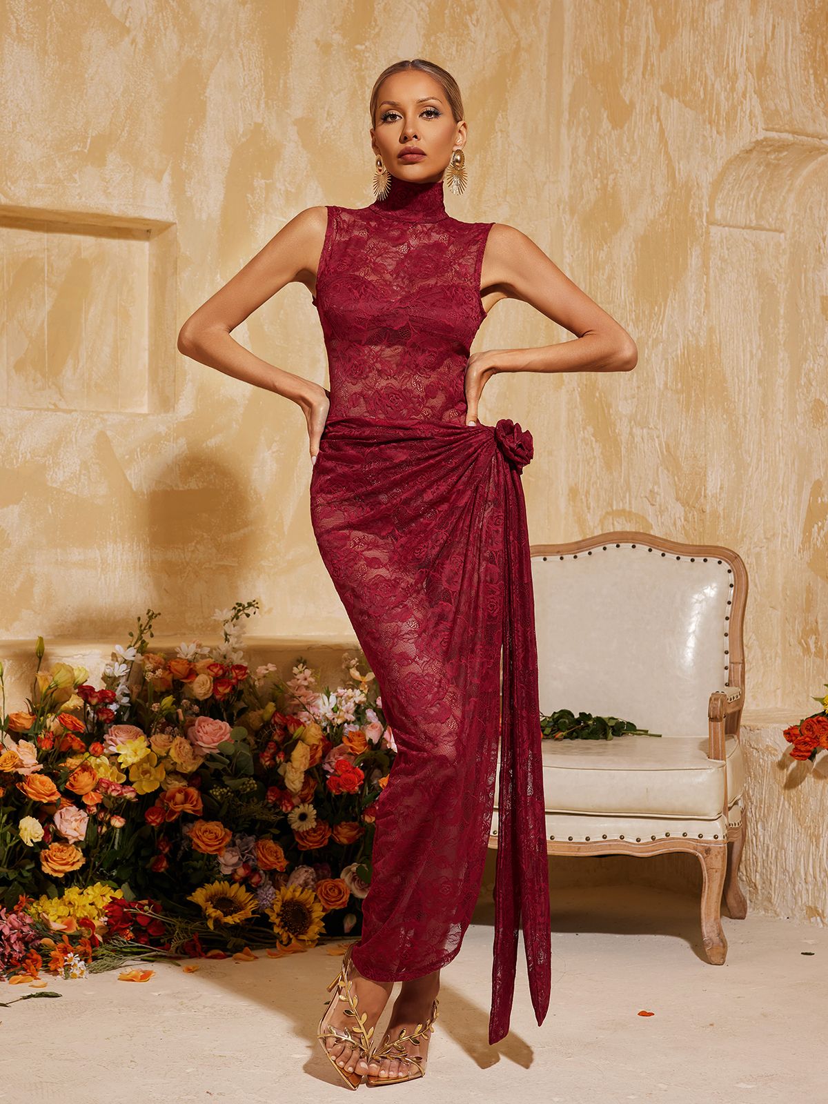 Mock Neck Floral Lace Rosette Drape High Slit Maxi Gown 2