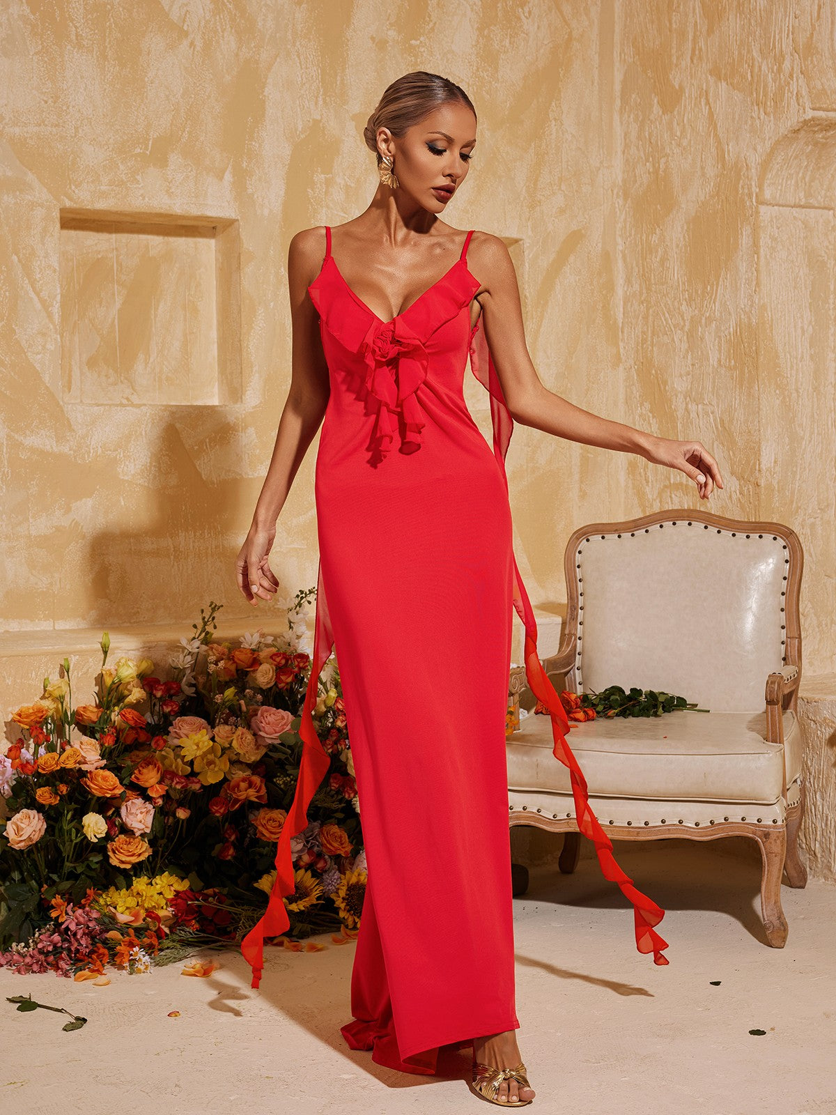 Spaghetti Strap Ruffle Rosette Streamer Column Maxi Gown