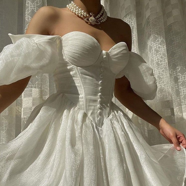 Off Shoulder Puff Sleeve Corset Button Front Ball Gown 2