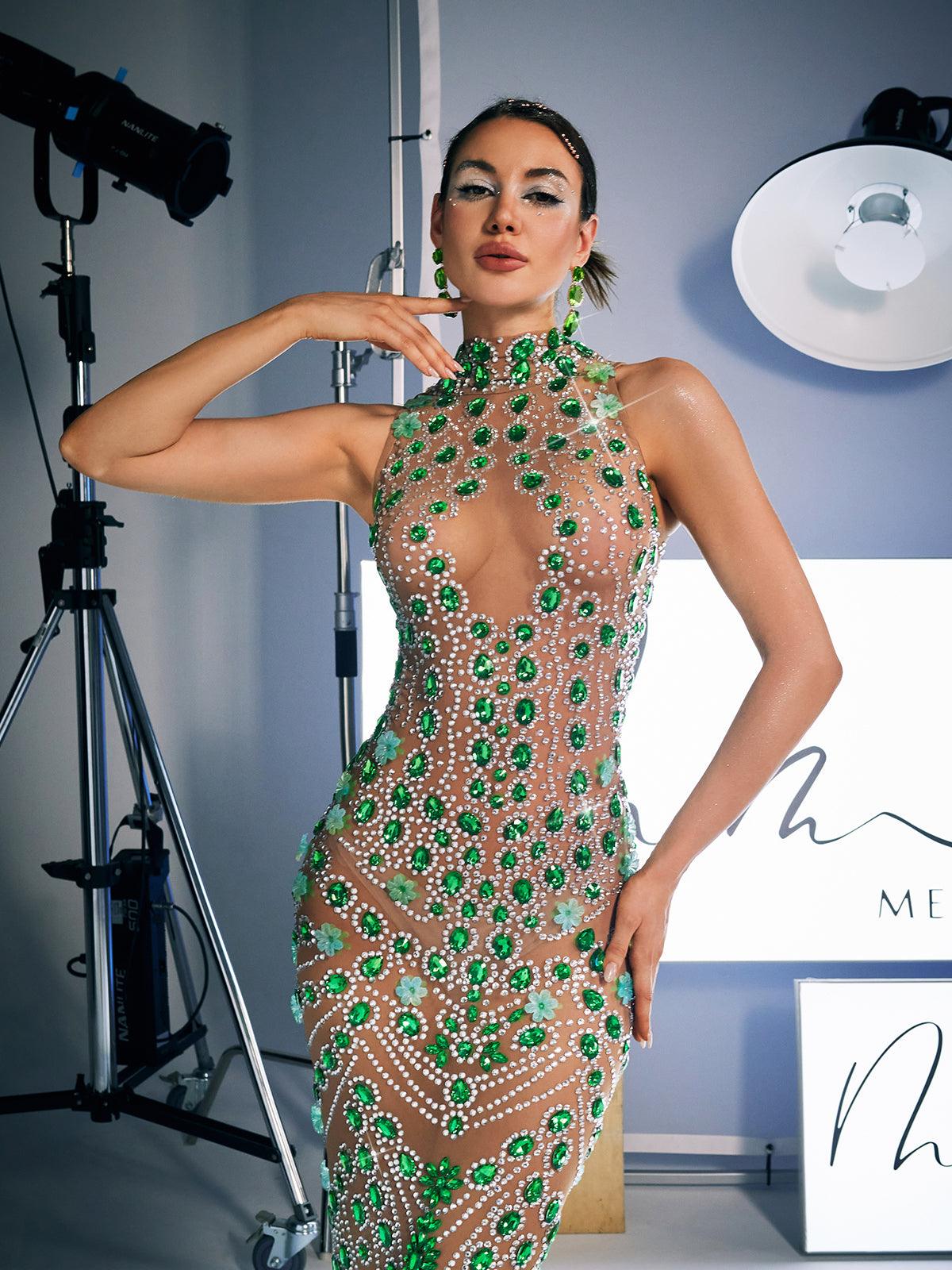 Rhinestone Embellished Column Maxi Gown