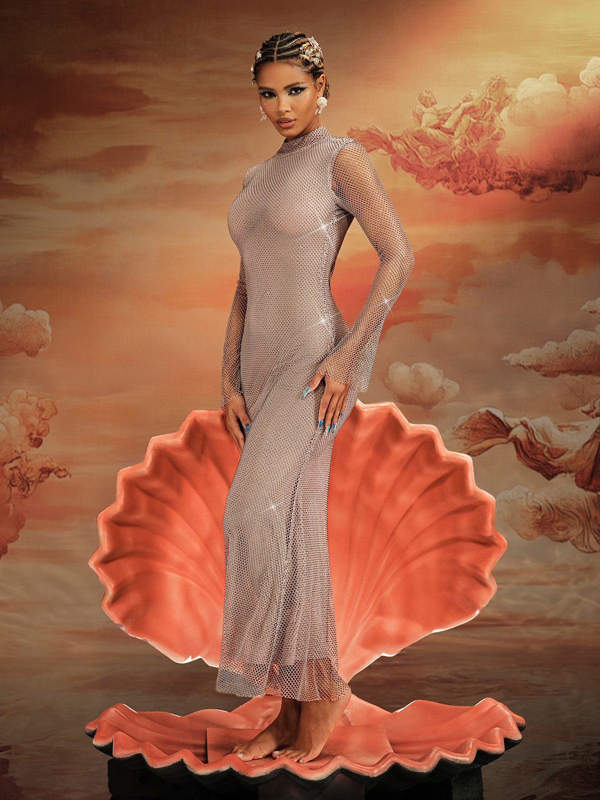 Mock Neck Long Sleeve Crystal Embellished Column Maxi Gown 4