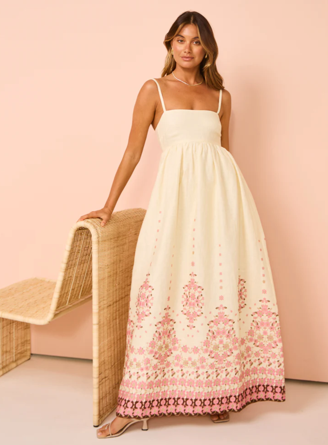 Spaghetti Strap Floral Border Print Empire Maxi Dress