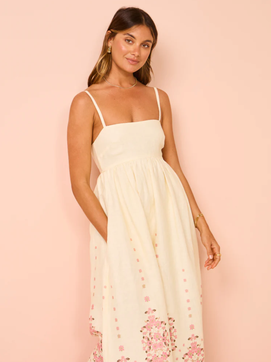 Spaghetti Strap Floral Border Print Empire Maxi Dress 3