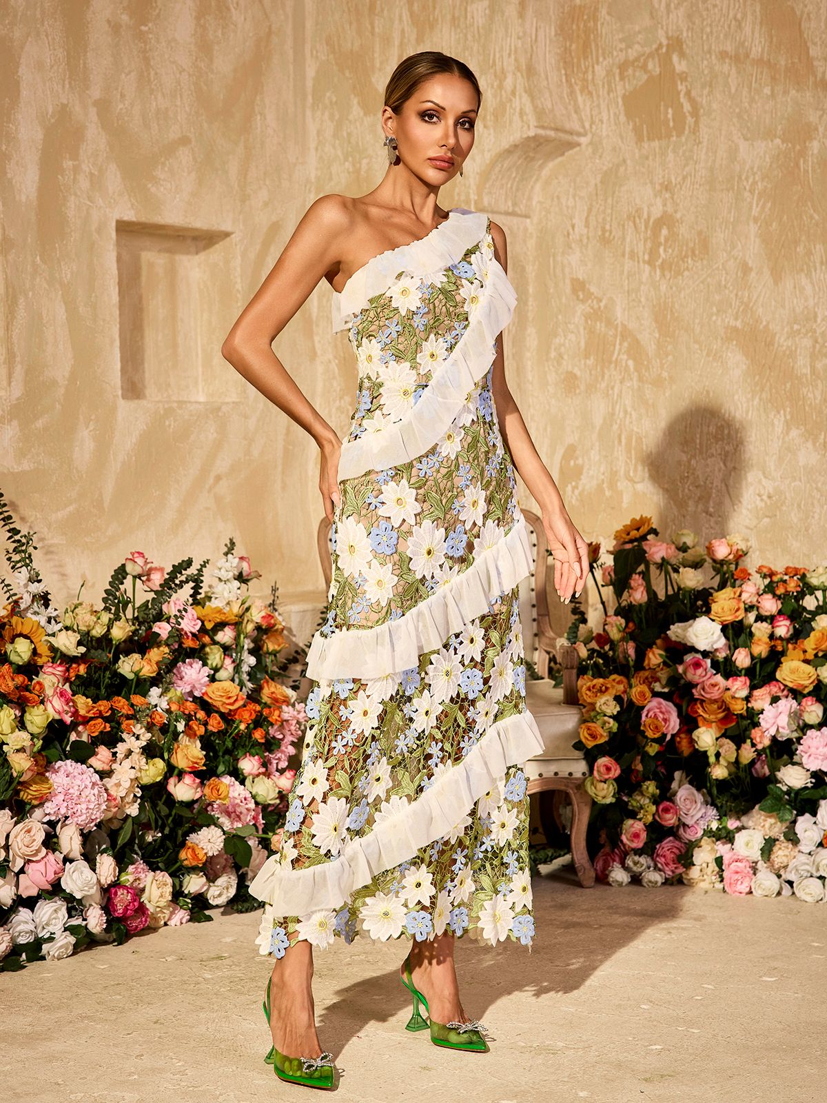 One Shoulder Ruffled Floral Lace Diagonal Tiered Ruffle Maxi Dress