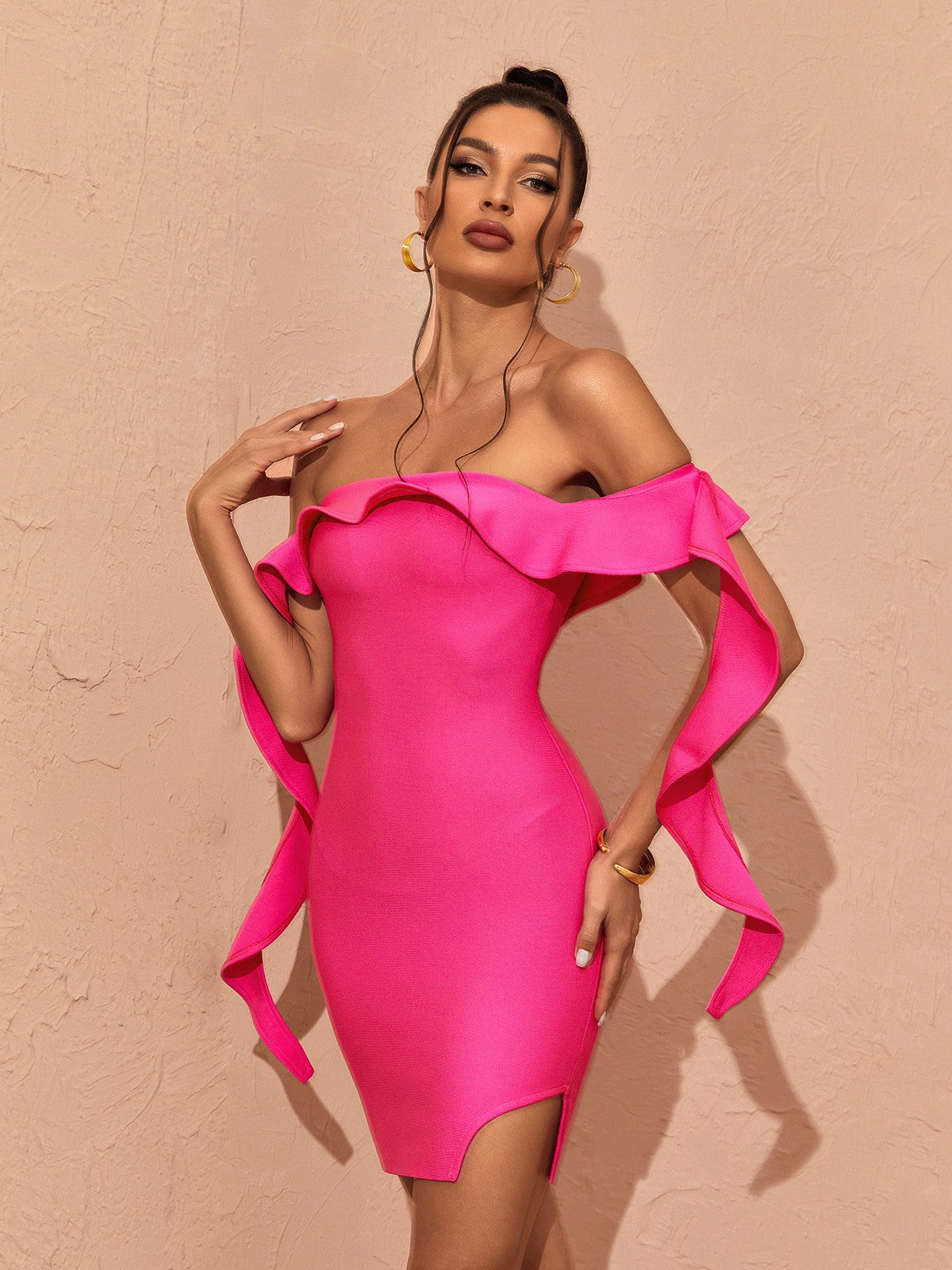 Off Shoulder Ruffle Trim Bandage Thigh Slit Mini Dress 4