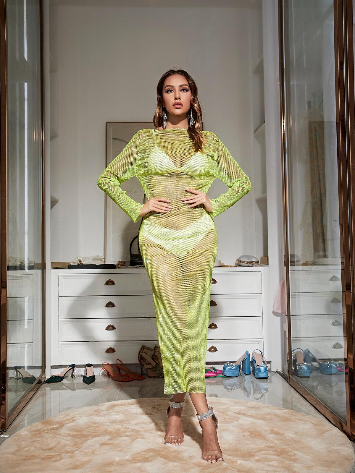 Mock Neck Rhinestone Mesh Long Sleeve High Slit Midi Dress 2