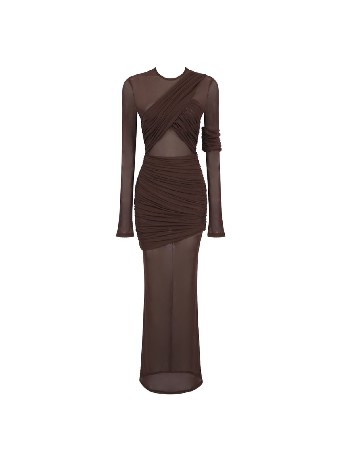 Round Neck Long Sleeve Crossover Draped Mesh Cutout Ruched Sheer Overlay Maxi Dress 7