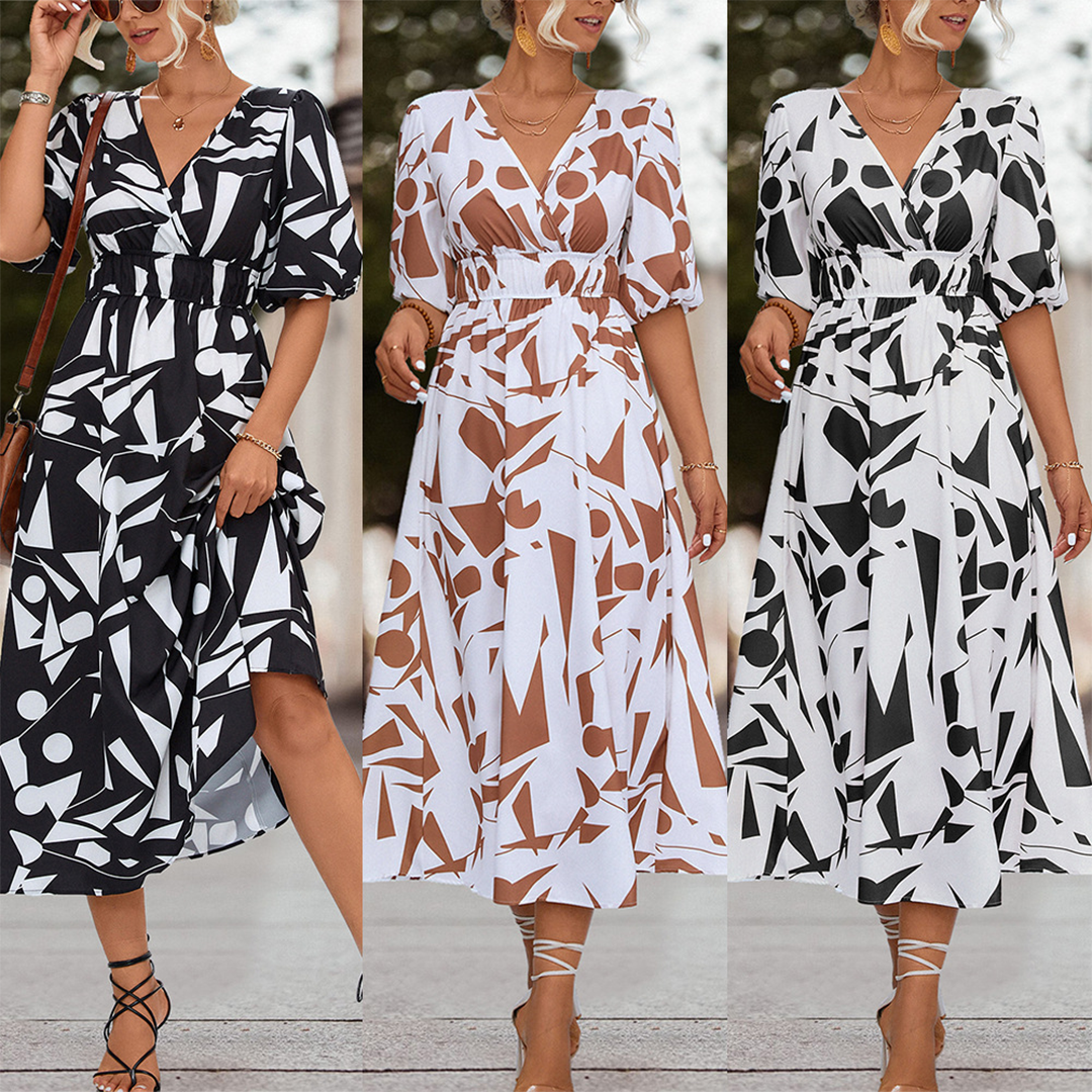 Deep V-Neck Puff Sleeve Smocked Waist Abstract Geometric Print Midi Dress 5