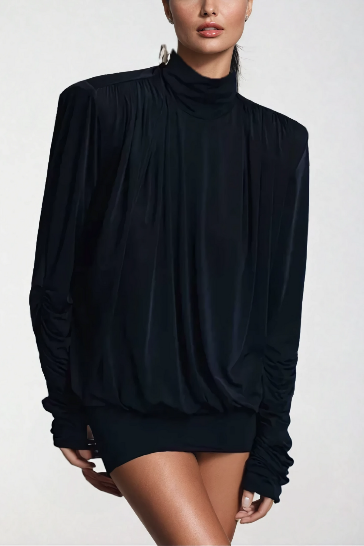 Mock Neck Padded Shoulder Ruched Sleeve Blouson Bodycon Mini Dress