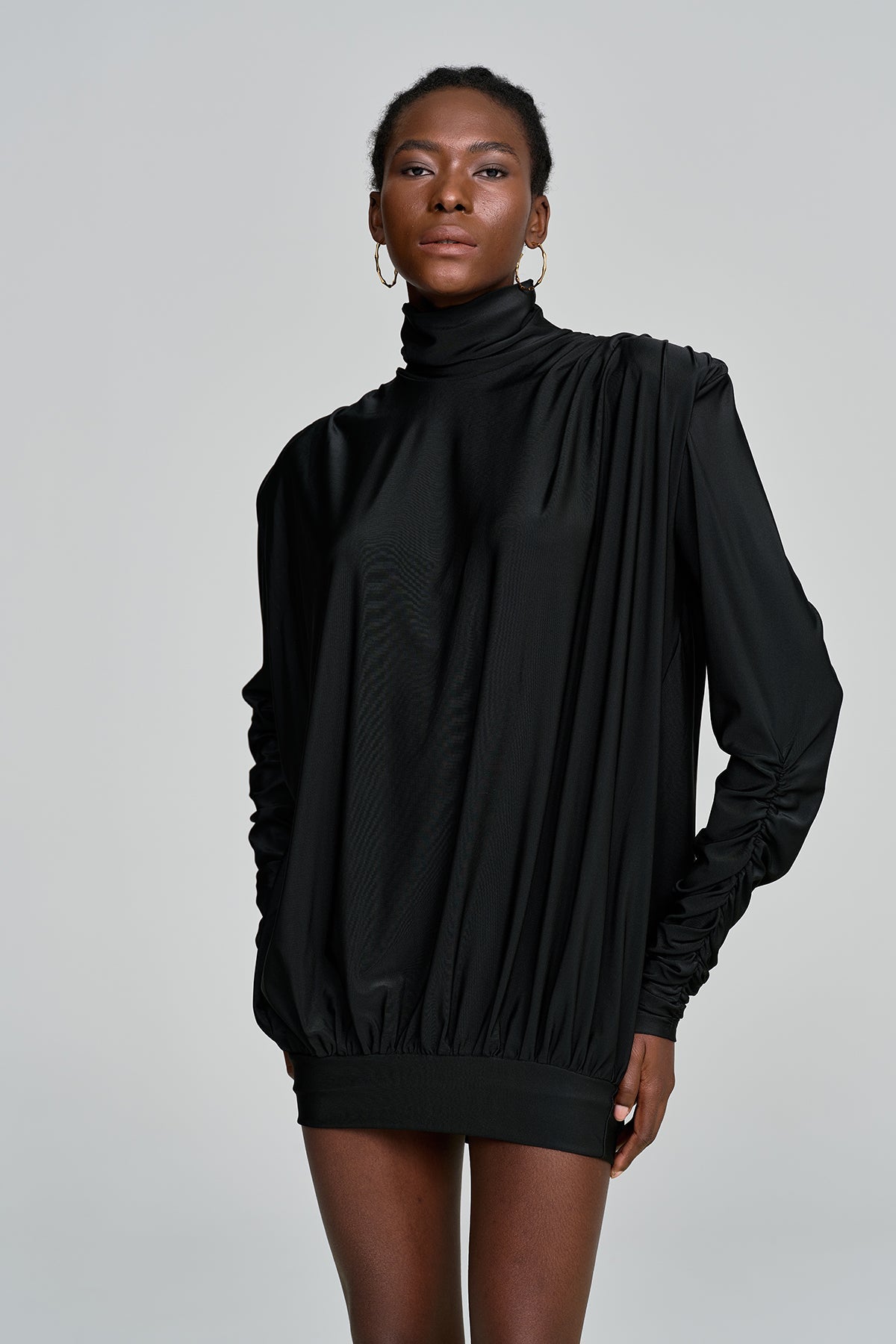 Mock Neck Padded Shoulder Ruched Sleeve Blouson Bodycon Mini Dress 2