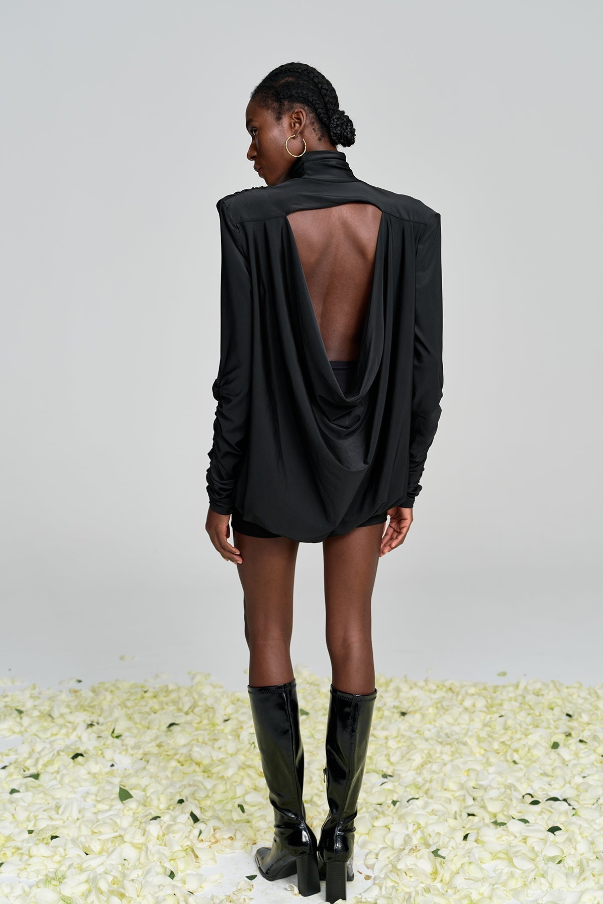 Mock Neck Padded Shoulder Ruched Sleeve Blouson Bodycon Mini Dress 7