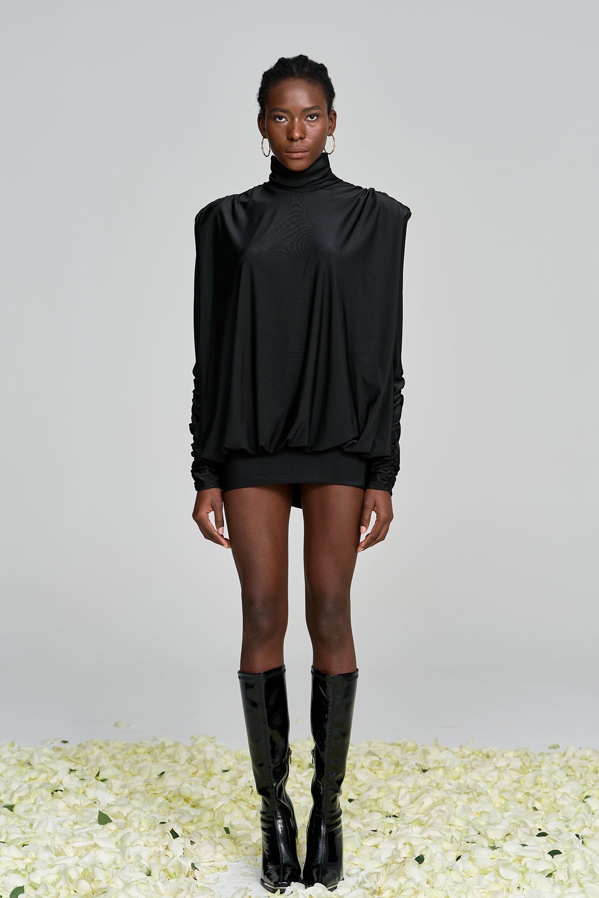 Mock Neck Padded Shoulder Ruched Sleeve Blouson Bodycon Mini Dress 3