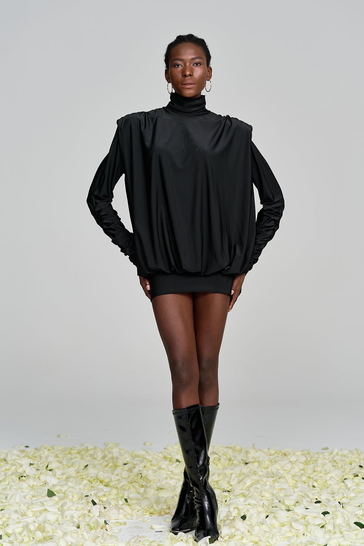Mock Neck Padded Shoulder Ruched Sleeve Blouson Bodycon Mini Dress 4