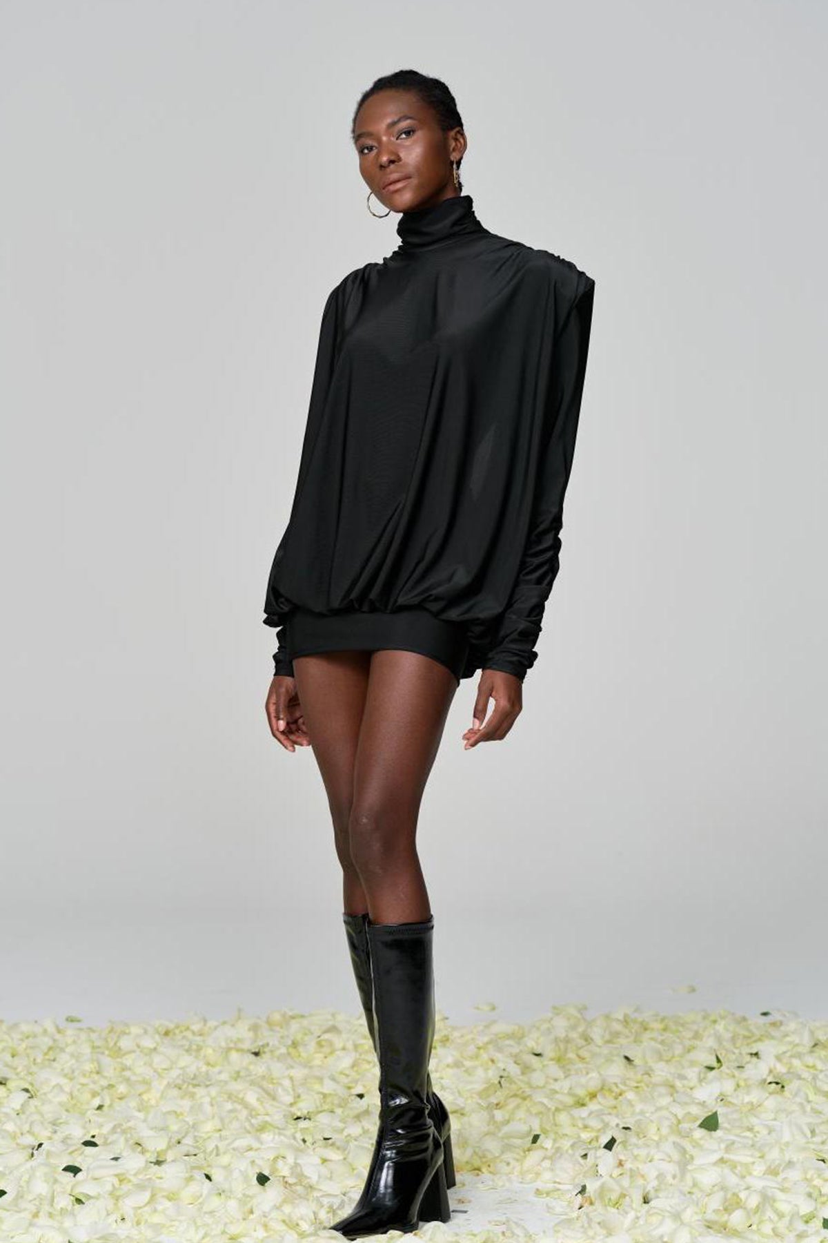 Mock Neck Padded Shoulder Ruched Sleeve Blouson Bodycon Mini Dress 5