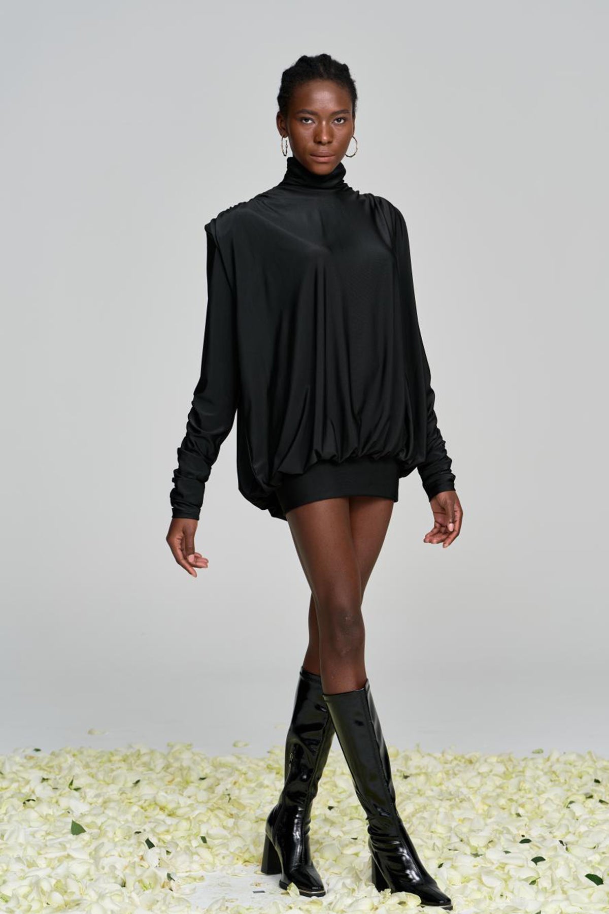 Mock Neck Padded Shoulder Ruched Sleeve Blouson Bodycon Mini Dress 6