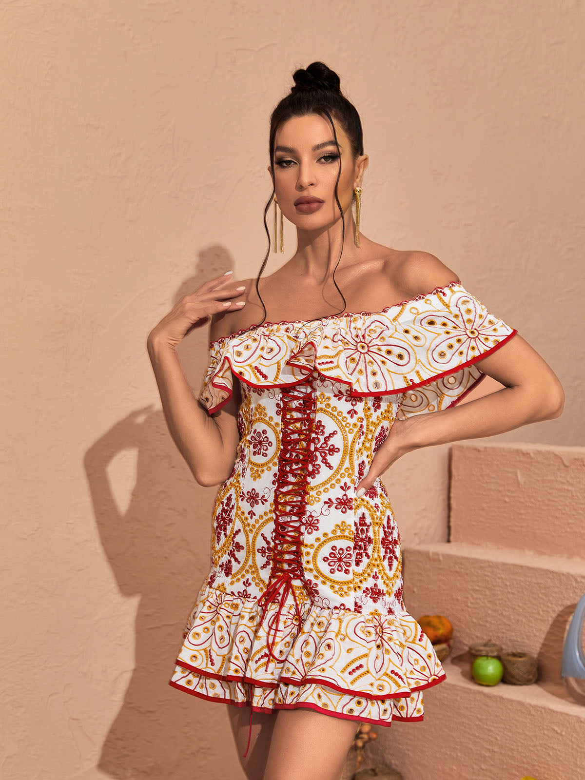 Off Shoulder Ruffle Lace Up Front Tiered Mandala Print Mini Dress 2