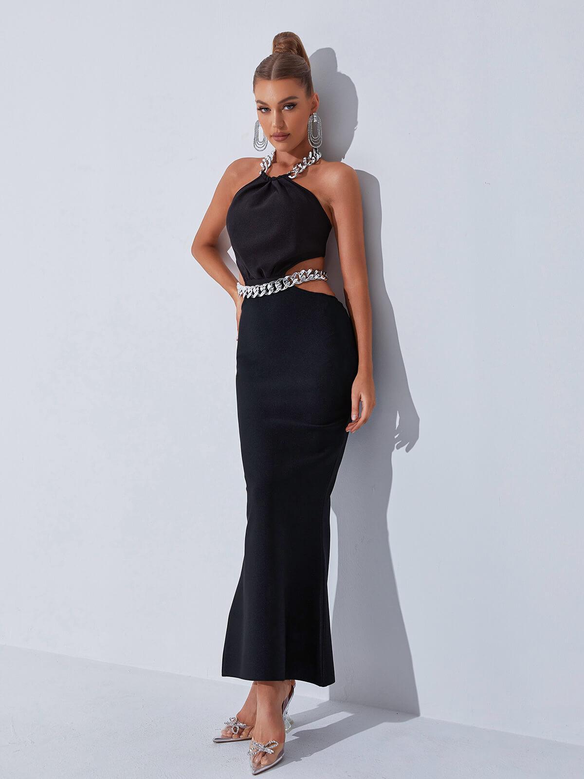 Chain Strap Halter Waist Cutout Bandage Maxi Gown