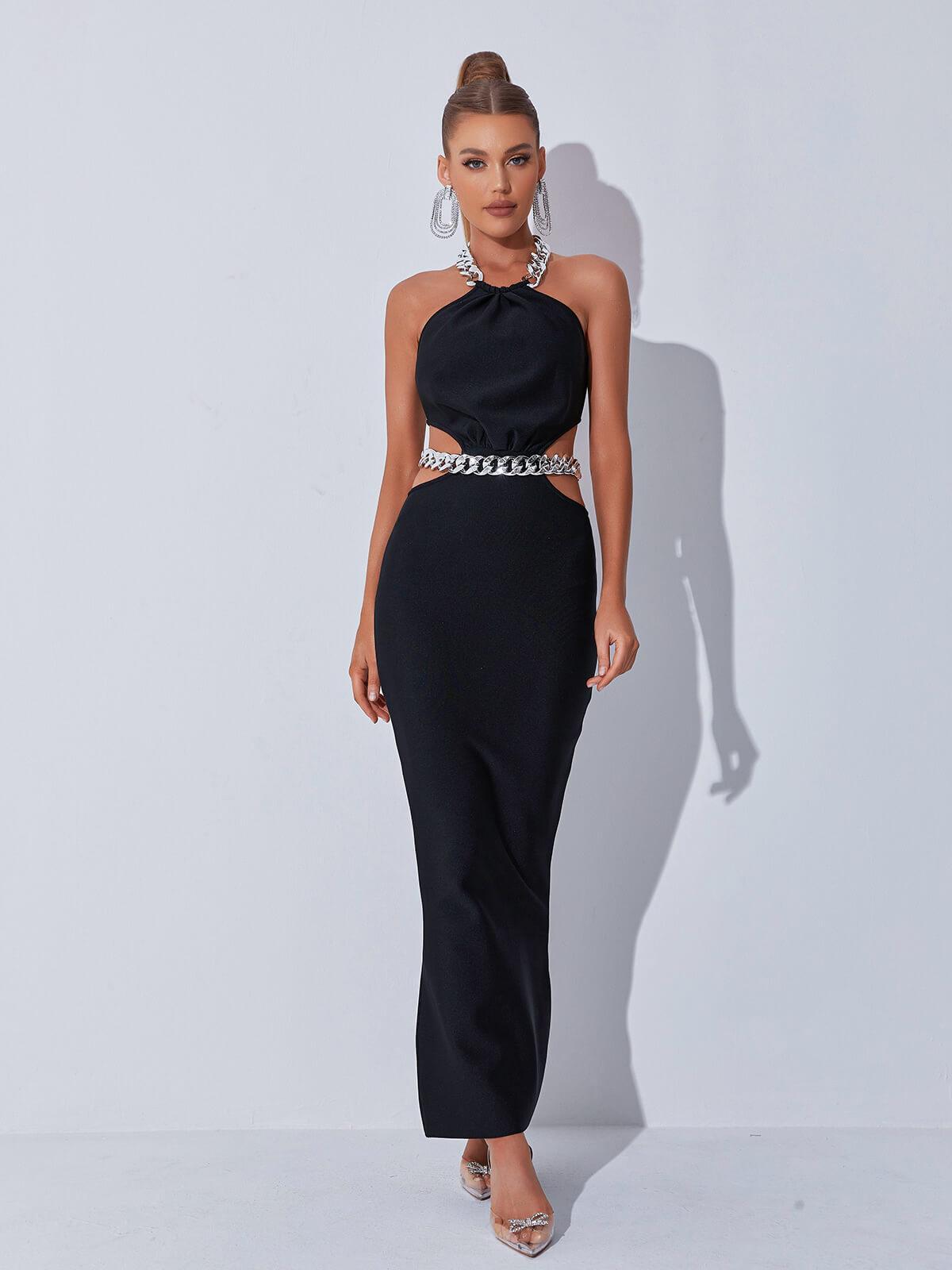 Chain Strap Halter Waist Cutout Bandage Maxi Gown 2