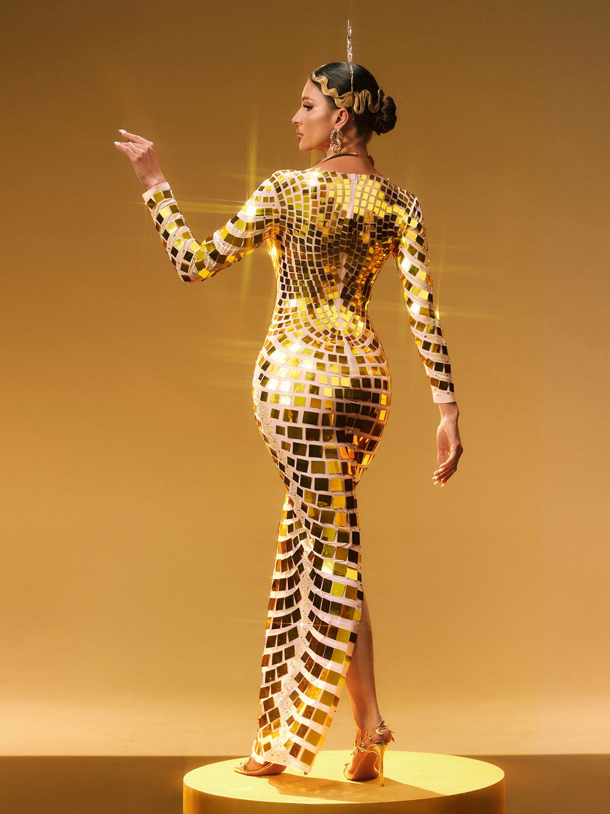 Long Sleeve Mirror Tile Mesh Embellished Maxi Gown 6