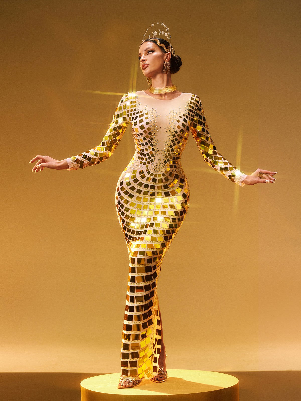 Long Sleeve Mirror Tile Mesh Embellished Maxi Gown