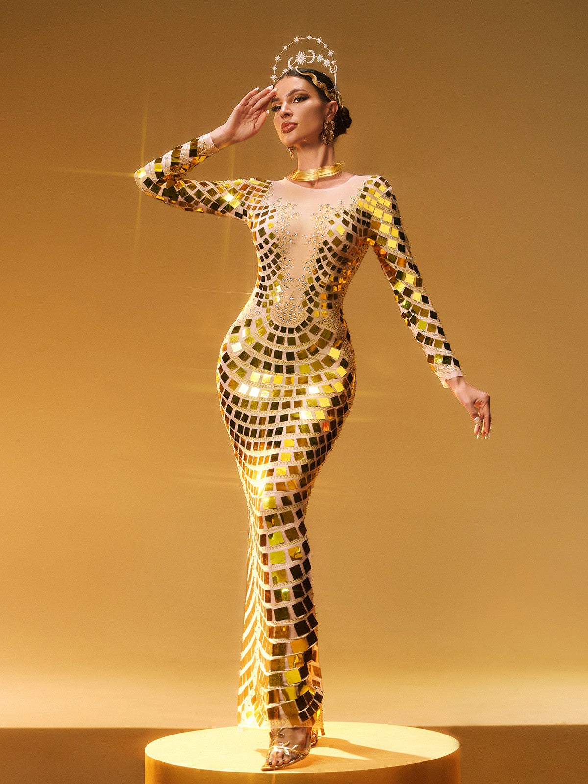 Long Sleeve Mirror Tile Mesh Embellished Maxi Gown 4